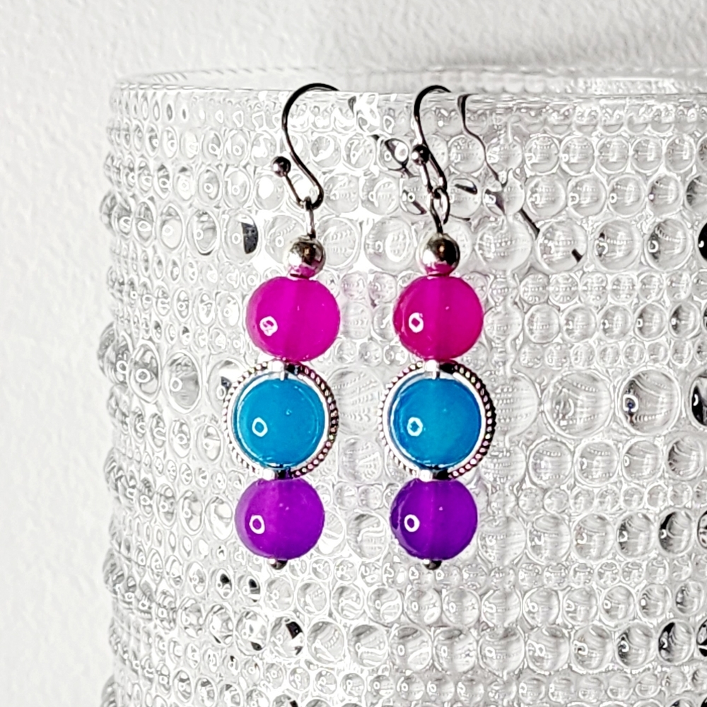 Handmade Glass Bead Dangle Earrings Pink Blue Purple Silver
